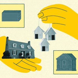 Ilustração com mãos e imóveis representando fundos de tijolo e fundos imobiliários de tijolo e de papel