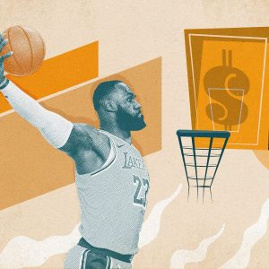 Ilustração de LeBron James, jogador de basquete.