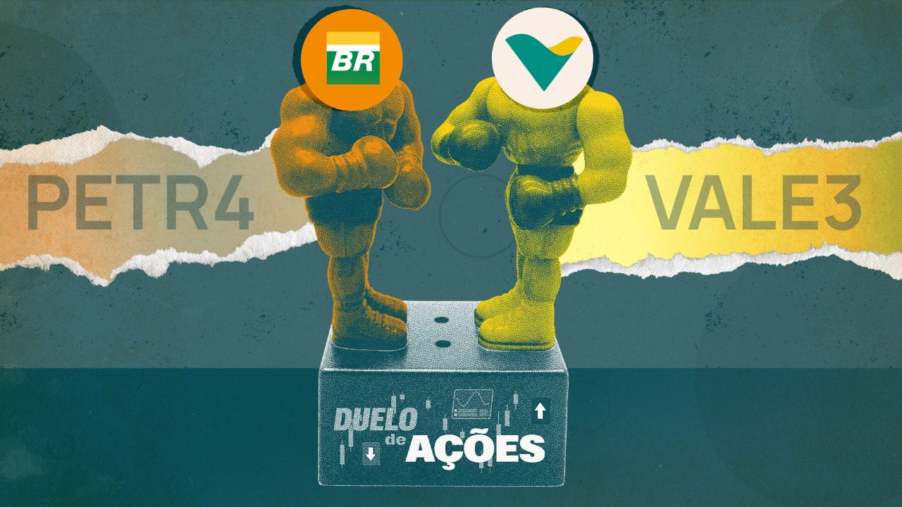 Ilustração sobre o Duelo de ações da inteligência financeira com ações da Petrobras e da Vale