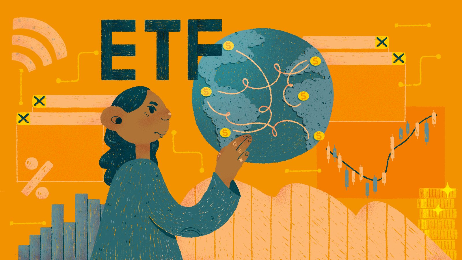 Ilustração abstrata sobre ETF, sigla em inglês para fundo negociado em Bolsa (Exchange Traded Fund).