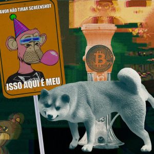 Colagem traz um cachorro Shiba Inu urinando num Hidrante que acompanha impresso uma moeda de Bitcoin que o identifica. Ao lado, uma placa com um NFT da Bored Ape Yacht Club traz os dizeres "Favor não tirar screenshot, isso aqui é meu"