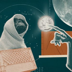 Colagem sobre o personagem E.T. do filme ET, o Extraterrestre