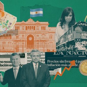 Ilustração com estilo de colagem sobre a Argentina, governo local, economia e inflação