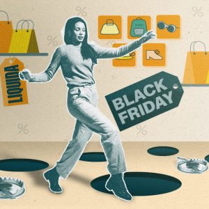 Ilustração de uma mulher fazendo compras com uma tag escrito "Black Friday".