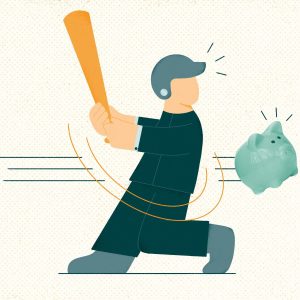 Ilustração mostra pessoa com capacete e taco de beisebol acertando um cofrinho verde