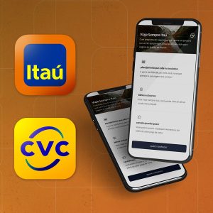 Foto montagem com celular e captura de tela do serviço de viagens oferecido por CVC e Itaú no app do banco.
