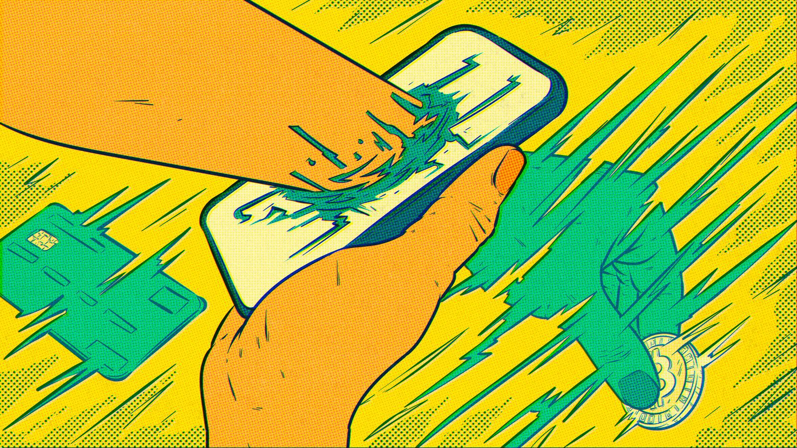 Ilustração abstrata sobre tecnologia em finanças. Uma mão atravessa a tela de um celular e segura uma criptomoeda entre os dedos enquanto um cartão de crédito se digitaliza à esquerda.