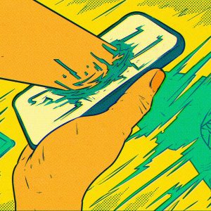 Ilustração abstrata sobre tecnologia em finanças. Uma mão atravessa a tela de um celular e segura uma criptomoeda entre os dedos enquanto um cartão de crédito se digitaliza à esquerda.
