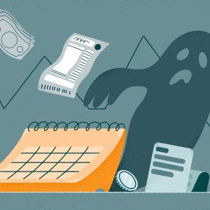 Ilustração de um calendário com um fantasma por perto e várias contas a pagar em volta.