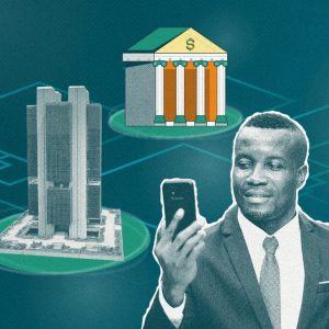 Ilustração de um homem olhando para o celular e prédios dos Bancos Centrais ao fundo.
