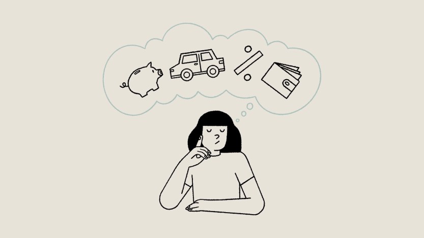 Ilustração de uma mulher com um balão de pensamento e alguns itens nele, como um porquinho, um carro e uma carteira.