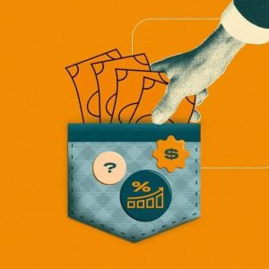 Ilustração de uma mão retirando dinheiro de bolso com botões indicando gráficos financeiros.