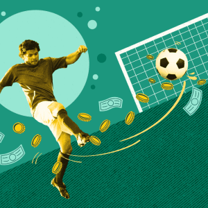 Imagem de um jogador chutando uma bola com dinheiro voando ao redor.
