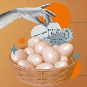 Ilustração com fundo laranja, e uma mão em cinza segurando formas geométricas com nomes de investimentos junto a uma cesta de ovos