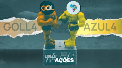 Ilustração com duas figuras representando um ringue de luta com os rostos cobertos pelos logos das empresas Gol e Azul para simbolizar o duelo entre as acões das mesmas