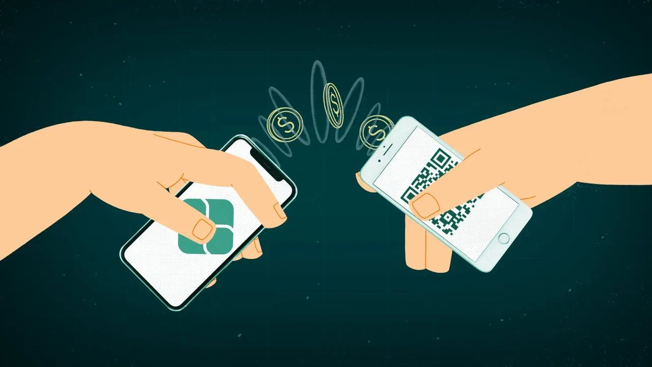 Ilustração de duas mãos segurando, cada uma, um celular que simula uma transação via Pix.
