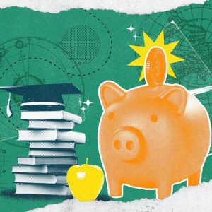 Ilustração abstrata com um porquinho de poupança e moedas ao lado de uma pilha de livros com um cap de graduando em universidade.