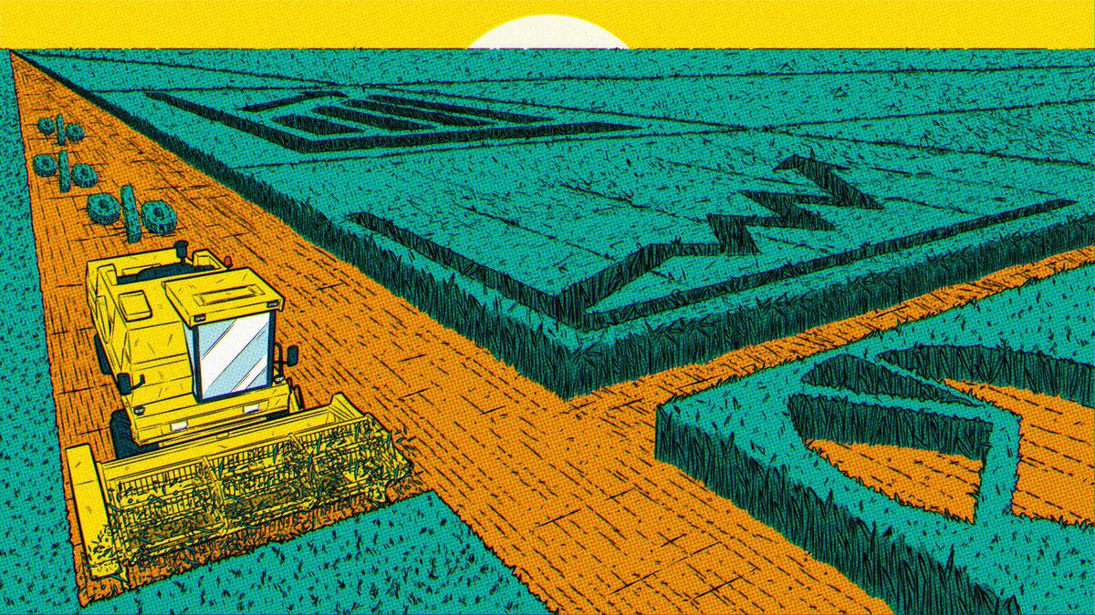 Ilustração abstrata traz uma máquina colheitadeira trabalhando num campo formado por gráficos de investimentos