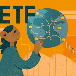 Ilustração de uma mulher segurando o globo terrestre entre as mãos com os dizeres ETF acima de sua cabeça. Ela é negra e usa roupa verde escura.