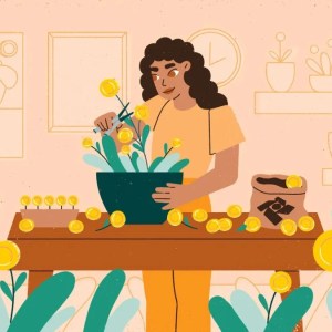 Ilustração sobre como investir em renda fixa em que aparece uma mulher cortando flores em que as pontas são moedas.