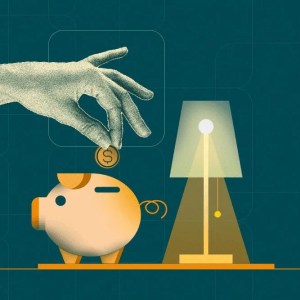 Ilustração de uma mão segurando uma moeda para colocar dentro de um cofrinho para representar investimento com pouco dinheiro.