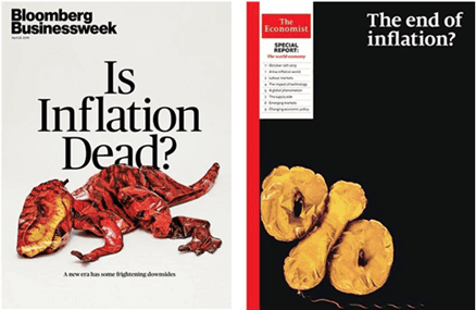 Reportagens de capa da Bloomberg Businessweek e The Economist proclamando a morte da inflação. Fonte: Site Bloomberg Businessweek e The Economist, edições de 20 de abril de 2019 e 10 de outubro de 2019, respectivamente.