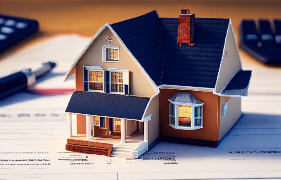 Imagem para texto sobre consórcio ou financiamento que mostra uma maquete de uma casa em cima de documentos com canetas e calculadora ao redor.