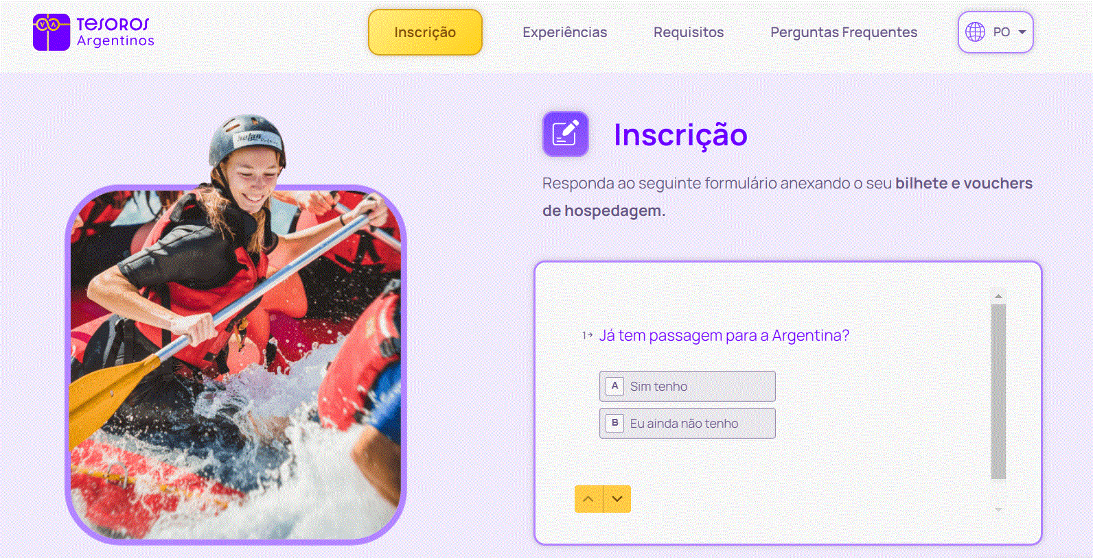 Print do site Tesoros Argentinos, que tem fundo lilás e um formulário interativo para inscrição. 