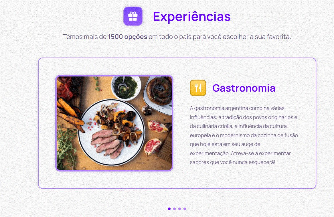 Print do site do Programa Tesoros Argentinos, com fundo branco, imagem de um prato de comida argentina e escritas informando que há mais de 1.500 experiências disponíveis