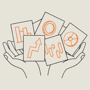 Ilustração para a matéria sobre como montar uma carteira de investimento em que aparece uma mão segurando várias figuras.