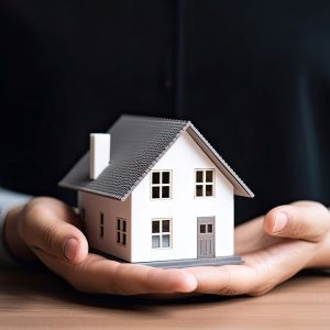 Mãos seguram um modelo de uma casa