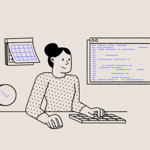 Ilustração de uma mulher mexendo em um computador, com símbolos de programa, calendário e um relógio atrás dela.