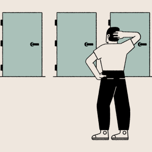Ilustração de um homem de costas olhando, em dúvida, para três portas fechadas.