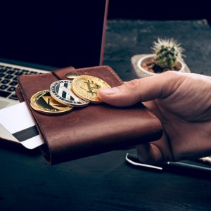 ETFs de bitcoin - Imagem de uma mão segurando uma carteira com três moedas virtuais em cima com um computador e um vaso de flor ao fundo. Imagem para a matéria sobre criptomoedas promissoras para 2024.