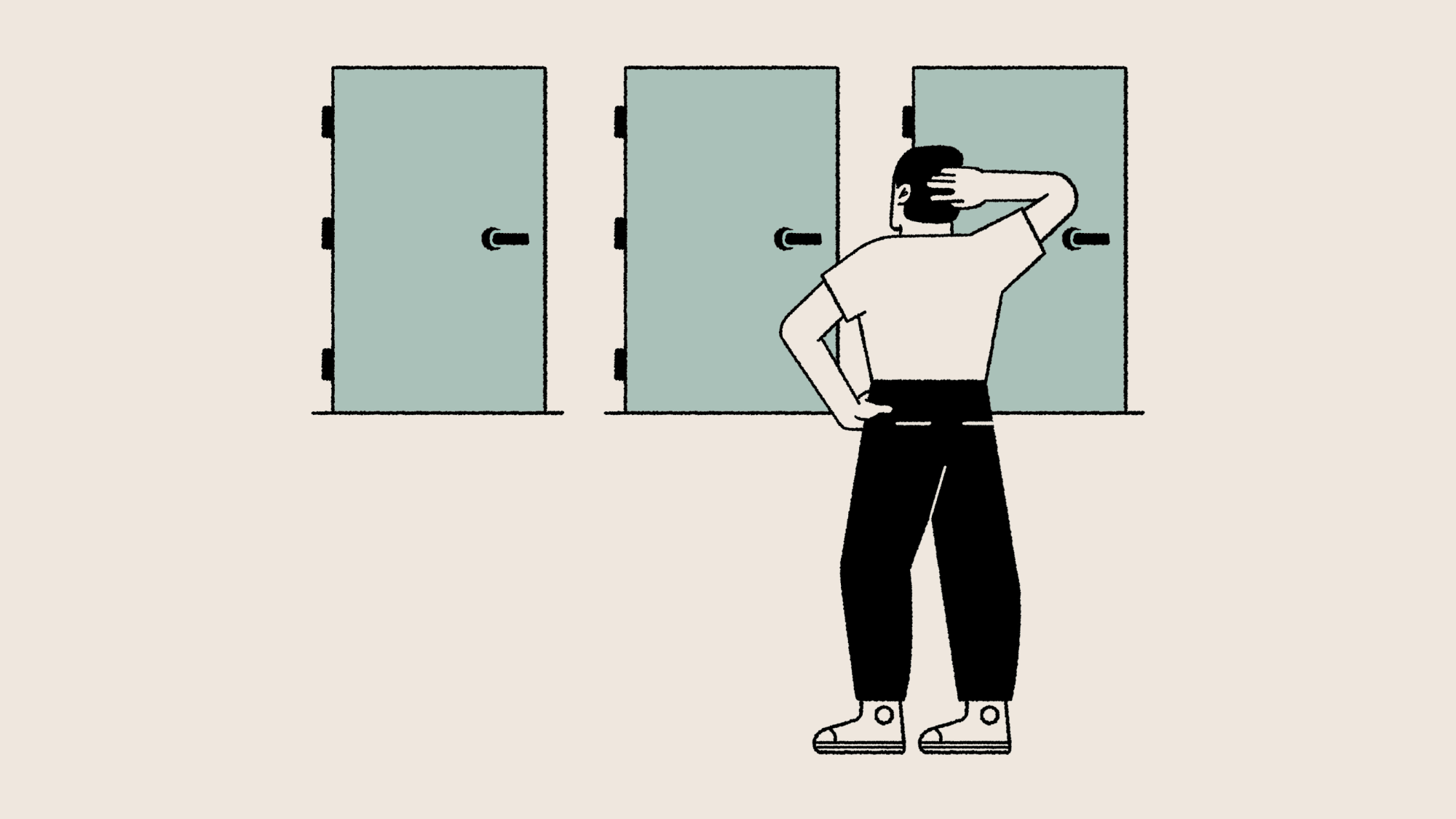 Ilustração de uma pessoa de costas, olhando com a mão na cabeça para três portas fechadas.