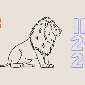 ILUSTRAÇÃO PARA IMPOSTO DE RENDA 2024, com fundo bege, um contorno de leão de perfil em preto, e a escrita de IR 2024 em contorno azul