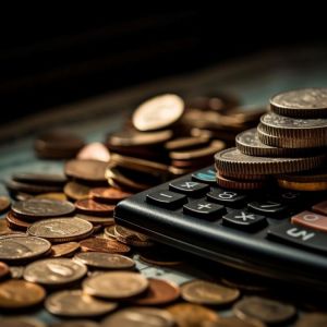 Imagem para matéria sobre investimentos sem imposto em que apraecem várias moedas espalhadas ao redor de uma calculadora.