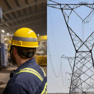 Montagem de duas fotos; a primeira, à esquerda, de um funcionário da Gerdau (GGBR4); a segunda, à direita, de uma torre de transmissão de energia