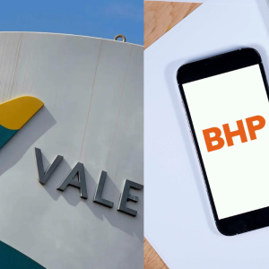 Colagem de fotos com os logos de Vale (VALE3) e BHP Group (BHP).