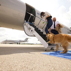 Foto de um avião estacionado. A porta está aberta, com uma escada que liga a aeronave até o chão. Há uma mulher entrando no avião com um cachorro na coleira. Ao lado dela, um homem careca, vestindo uma camisa branca e gravata.