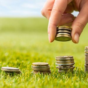 Imagem para matéria sobre fundos do agronegócio em que aparecem várias pilhas de moedas e uma mão empilhando mais moedas. Essas moedas estão em um campo verde.