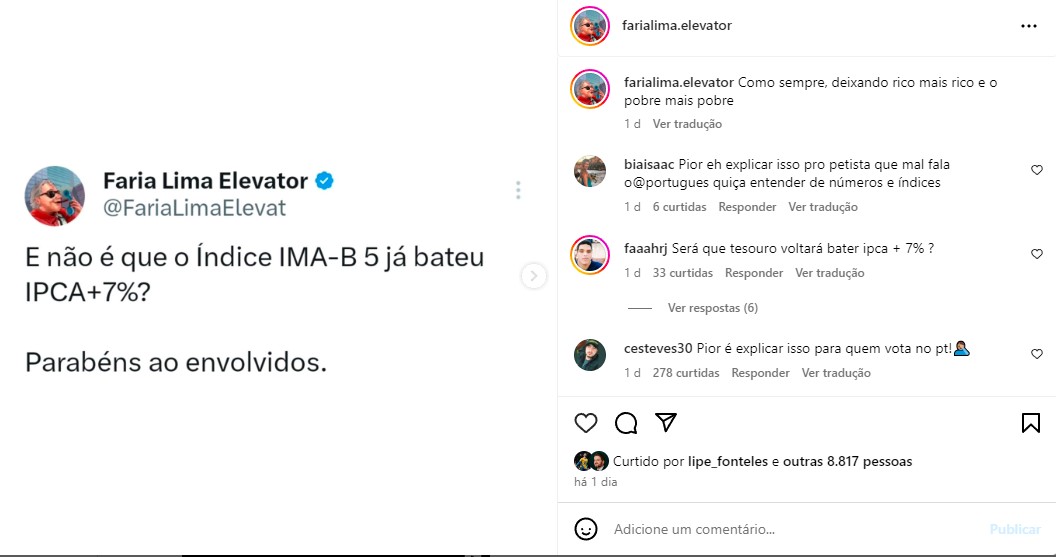 IMA-B 5 bate IPCA+7%: post polêmico do Faria Lima Elevator foi alvo de críticas ao governo