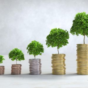 Imagem para matéria sobre quanto rendem R$ 10 mil na LCA em que aparece uma pilha crescente de moedas. Em cima delas, árvores que vão crescendo.