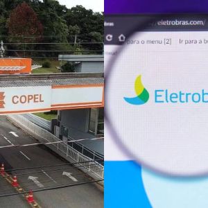 Foto dos logos da Copel, à esquerda, e da Eletrobras, à direita. A matéria explica como a mudanda na bandeira tarifária de Energia afeta empresas da bolsa de valores.